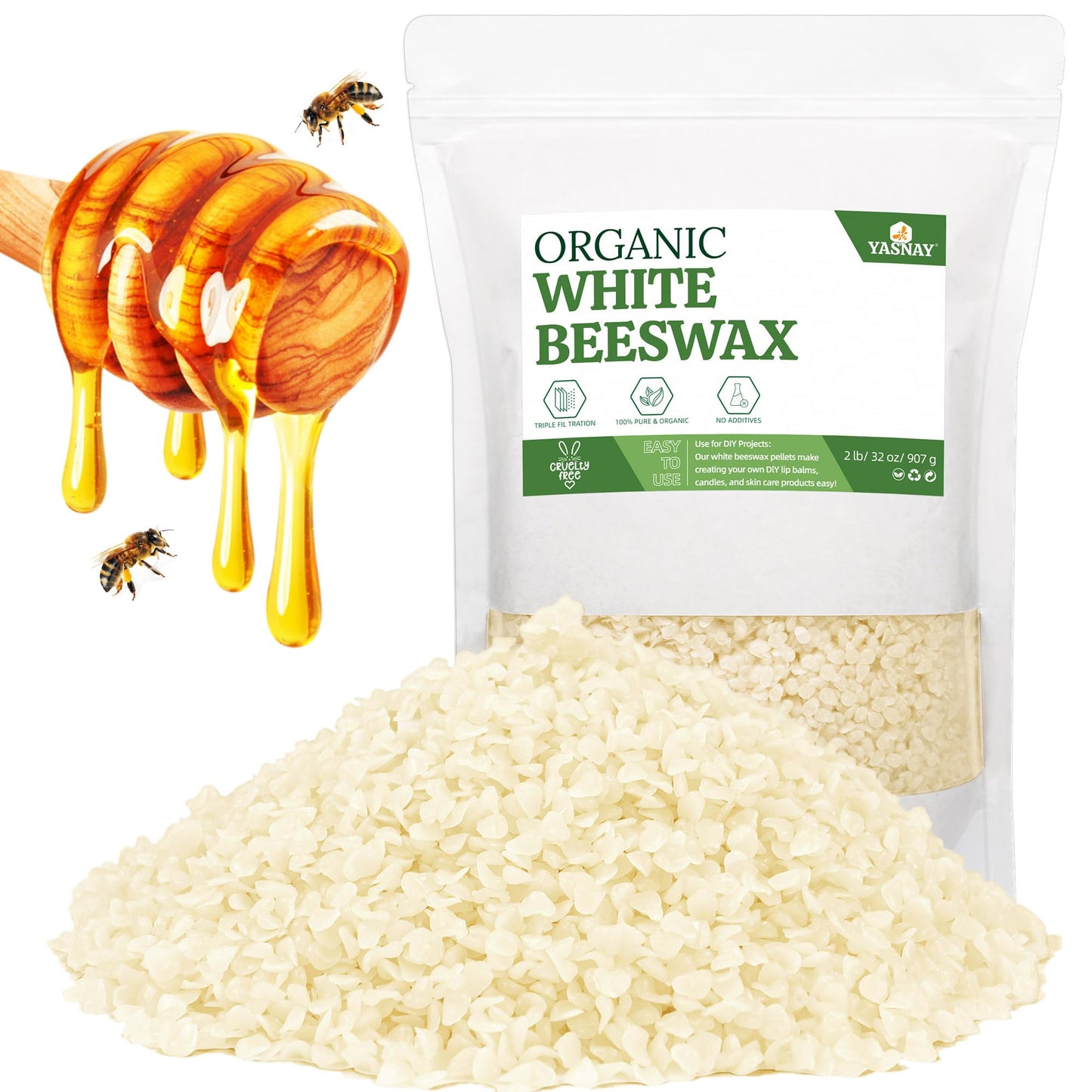 YASNAY White Beeswax Pellets 2LB, Organic Beeswax, Bees wax for Candle Making, Body, Skin Care DIY, Lip Balm and Soap Making Supplies