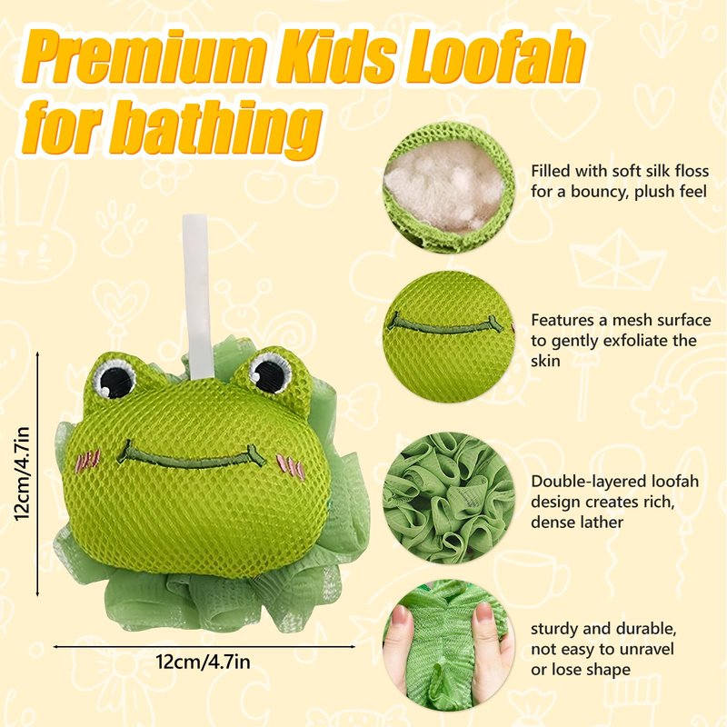 Kids Loofah, Cute Cartoon Animal Kids Bath Sponge with Hanging Rope, Soft Double Mesh for Rich Lather (Green Frog)