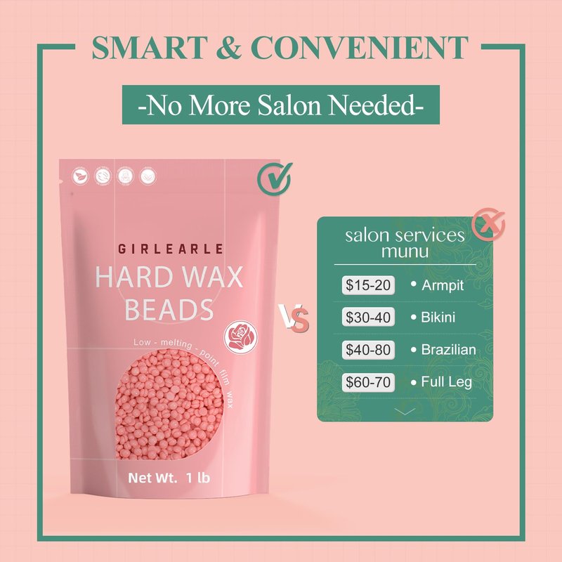 GIRLEARLE Hard Wax Beads, 1lb Wax Beans for Hair Removal Sensitive Skin with Rose Formula, Perfect for Full Body, Facial, Brazilian Bikini, and Legs at Home Wax Refill for Women Men (pink)