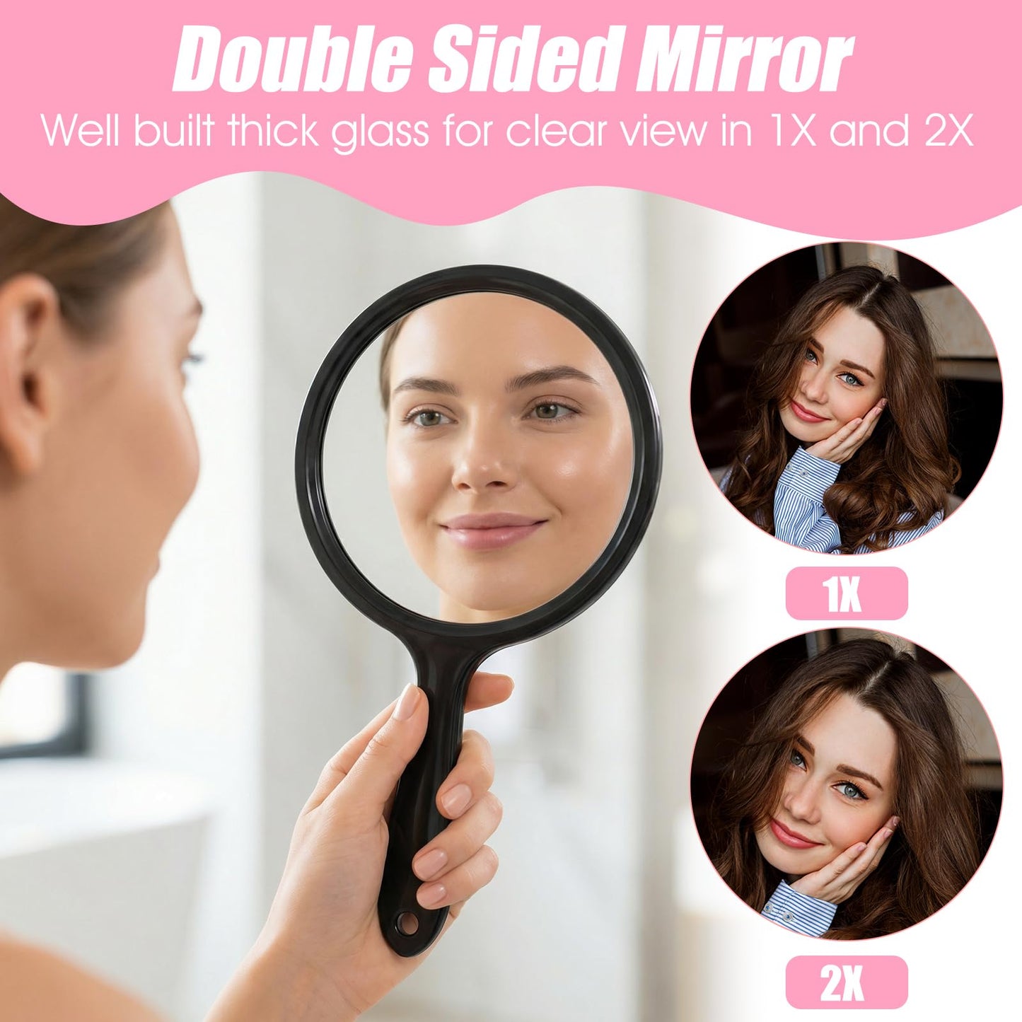 Xinjoduz Handheld Mirror with Handle 8.3 X 4.6 Inches, Compact Double Sided Hand Held Mirrors with 1x/2x Magnification, Portable Travel Essential Makeup Mirror for Women Precision Makeup, Black