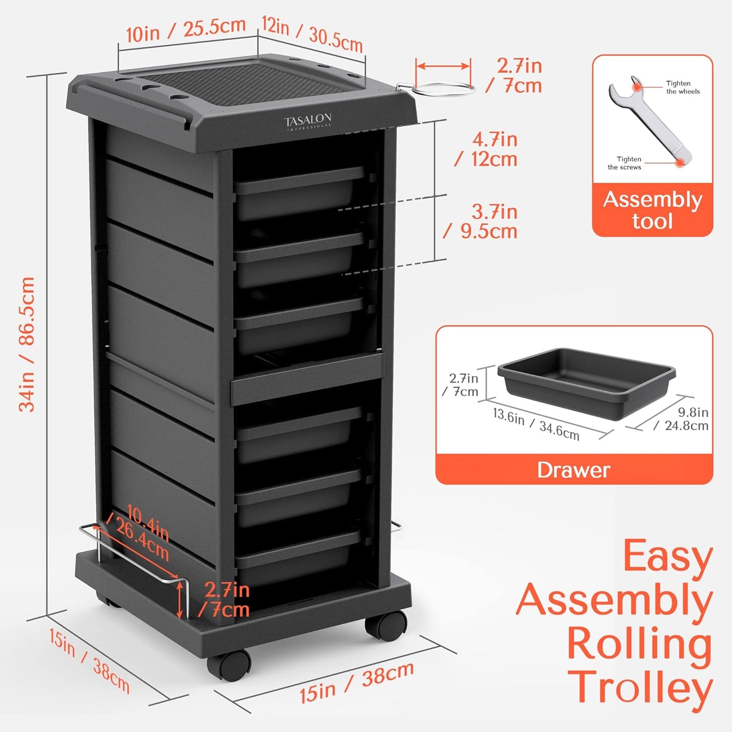 TASALON Salon Trolley - Space-Saving Rolling Cart with 6-Tray Storage - Versatile Tattoo Tray