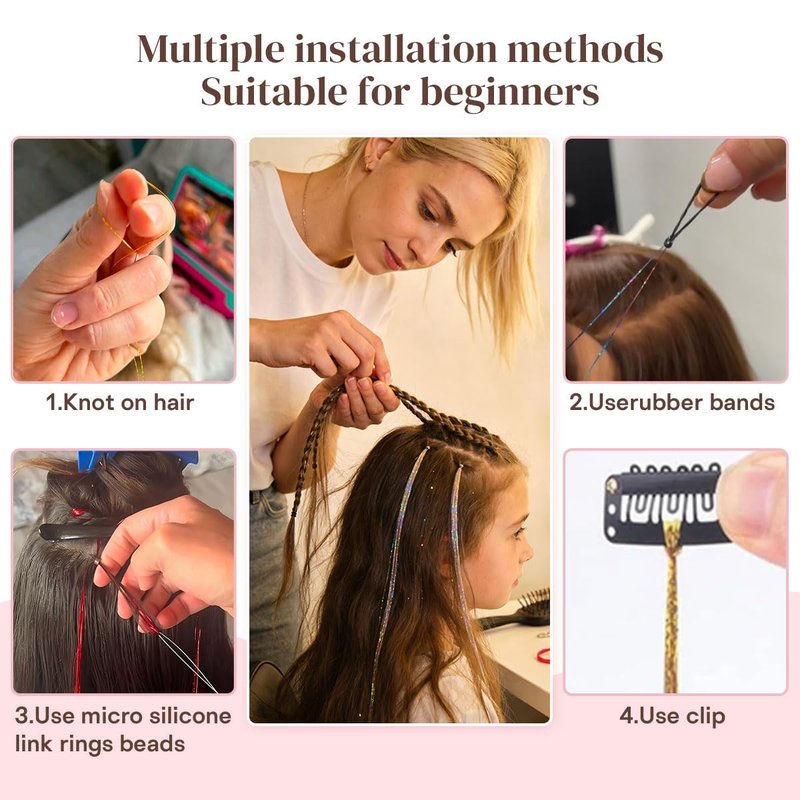 Hair Tinsel Kit - 16 Color Glitter Hair Extensions for Teens & Women | Heat Resistant Fairy Hair Accessories (48 Inch)