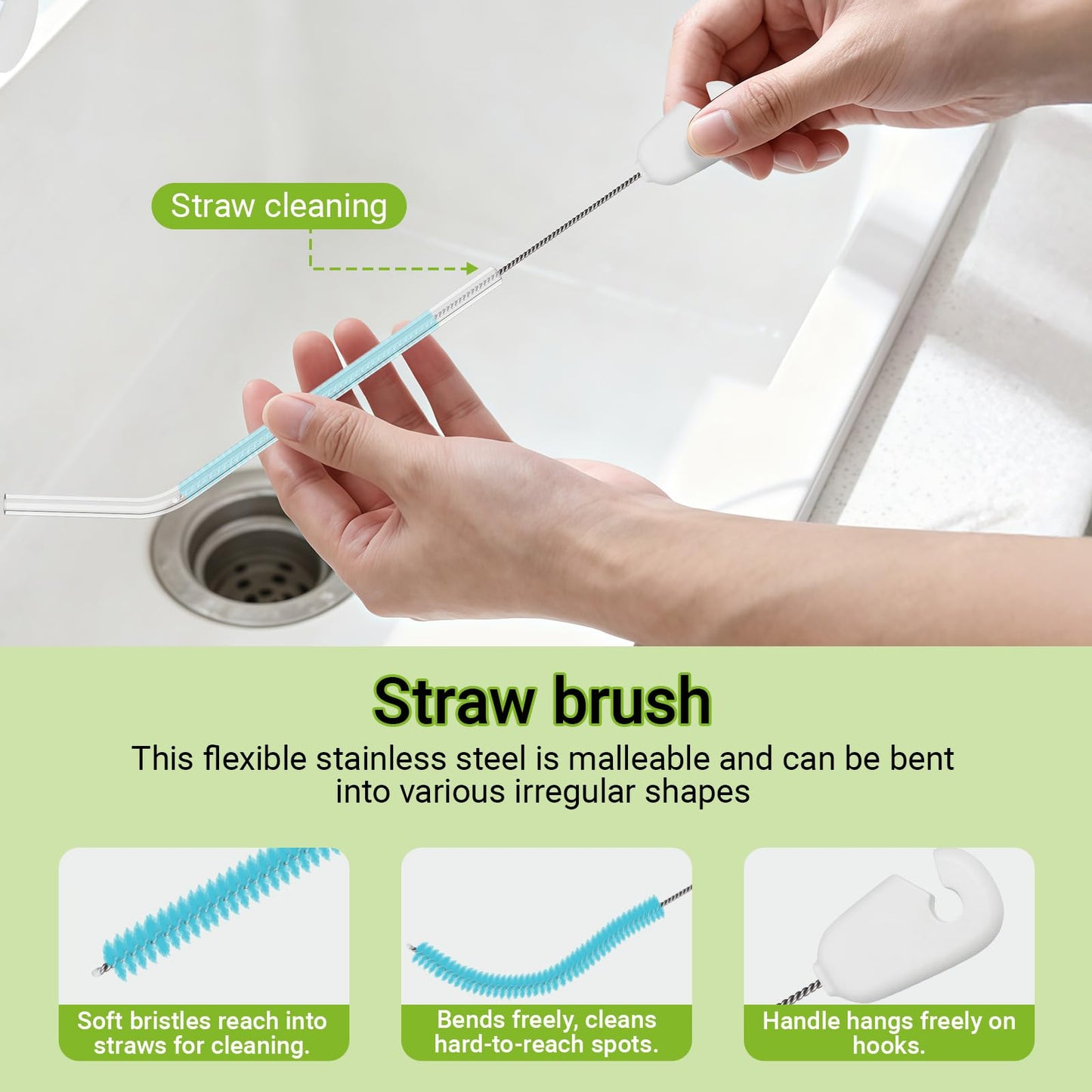 3-in-1 Bottle Brush, 15 Inches Long Handle Kitchen Water Bottle Brush, Stainless Steel Bottle Cleaner Brush with Straw Brush & Lid Brushe for Cleaning Wine Glasses,Coffee Mugs,Tumblers,Wine Decanters