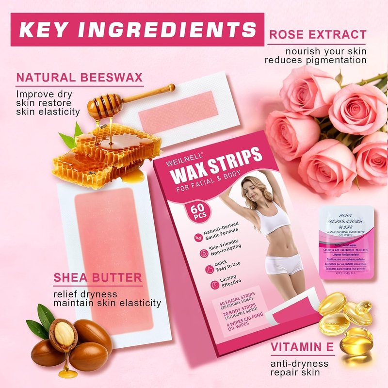 Skiennix 60 PCS Wax Strips for Hair Removal - 40 Facial & 20 Body Strips with Calming Oil Wipes