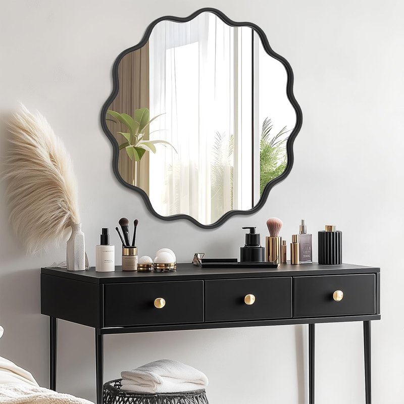 Black Round Bathroom Vanity Mirror - 36 Inch Wavy Design | Modern Wall-Mounted, Anti-Rust Tempered Glass