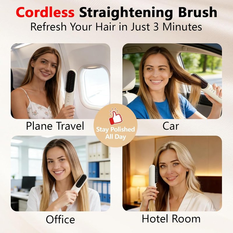 Go Brush Pro Cordless Hair Straightening Brush - 2026 Upgrade with 4 Temp Settings & MCH Ceramic Care | Beige