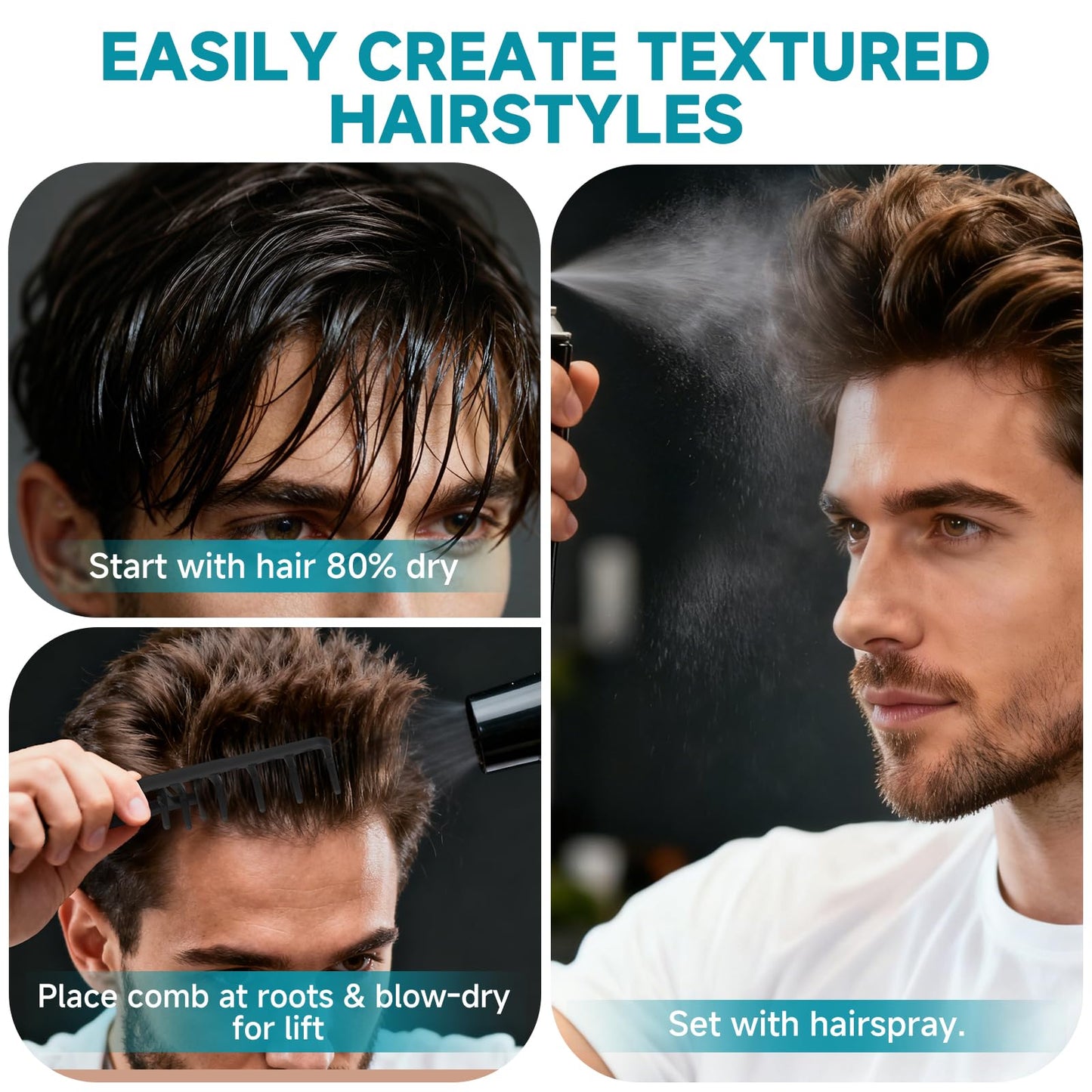 Utmiga Texture Comb, Volumizing Fluffy Texture Styling Comb for Men and Women, Wide-Tooth Texturizing Styling Tool for Volume & Fringe Parting, ABS Plastic with Textured Grip Tool for Men, Black