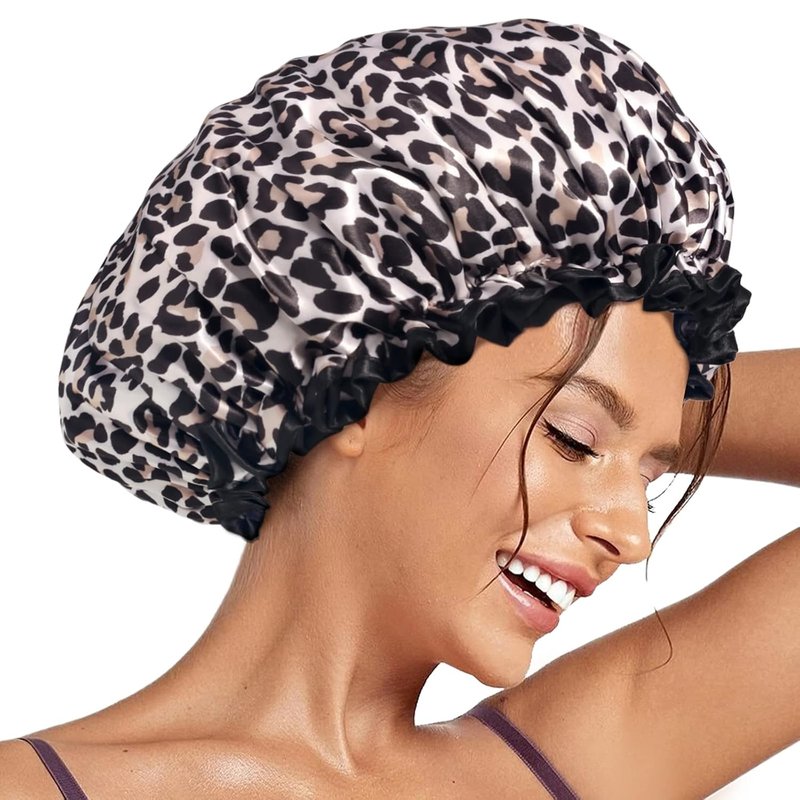 Aquior Shower Cap - Reusable Waterproof Leopard Print Hair Cap | Dual Layer Ruffle Edge for Long Hair