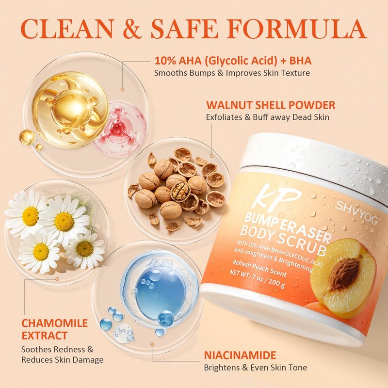 SHVYOG KP Bump Eraser Body Scrub with 10% AHA+BHA & Glycolic Acid, Exfoliating Body Scrub for Chicken & Strawberry Skin, Helps Reduce Skin Bumps, Soothe Rough Redness, Ingrown Hair, Peach Scent 7 Oz