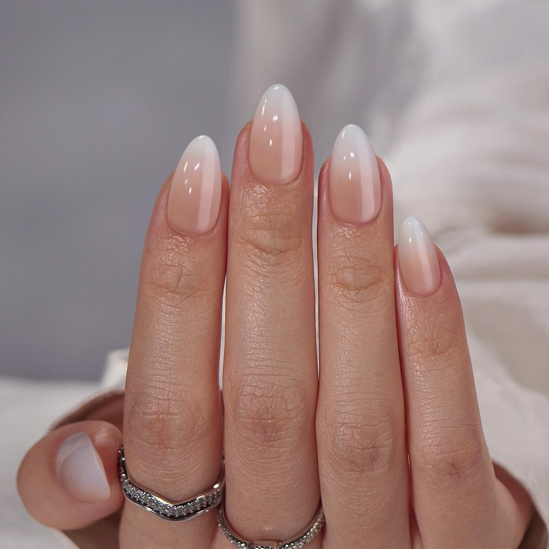 Almond Press On Nails Medium - BTArtbox Soft Gel Ombre Fake Nails with Nail Glue, Semi-Transparent Reusable Glue On Nails in 16 Sizes - 32PCS Stick On Nails Kit, Vanilla Cream Almond