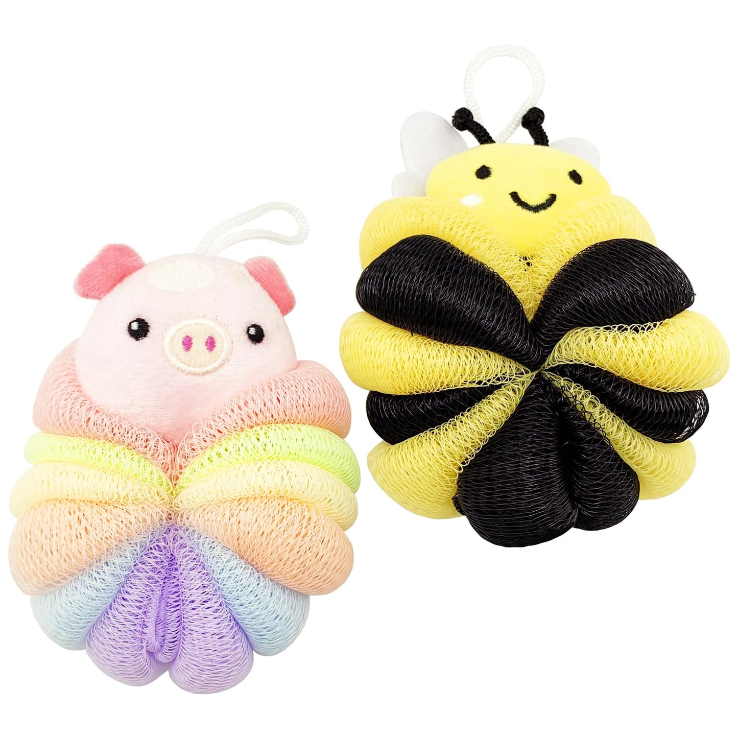 BETITETO Bath Sponges 2Pieces Cute Cartoon Animal Bath Loofahs Pouf Mesh Balls Body Scrubber Bathing Accessories Gifts for Women (Bee + Pig)