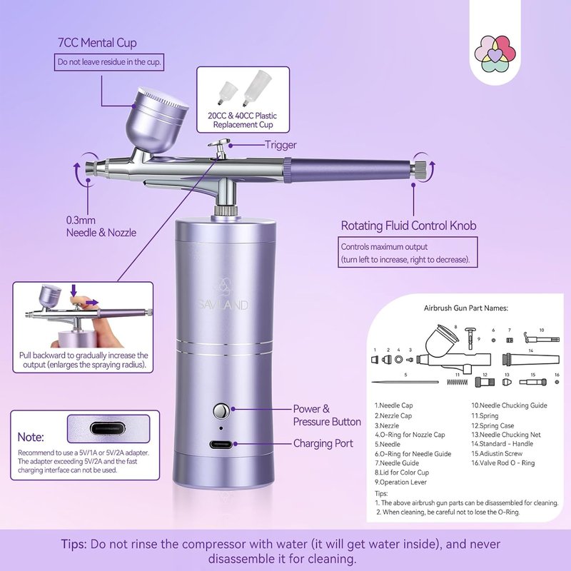 SAVILAND Pro Airbrush for Nails - 25 PSI Precision, 0.3mm DLC-Coated Nozzle, Cordless Design for Flawless Finish
