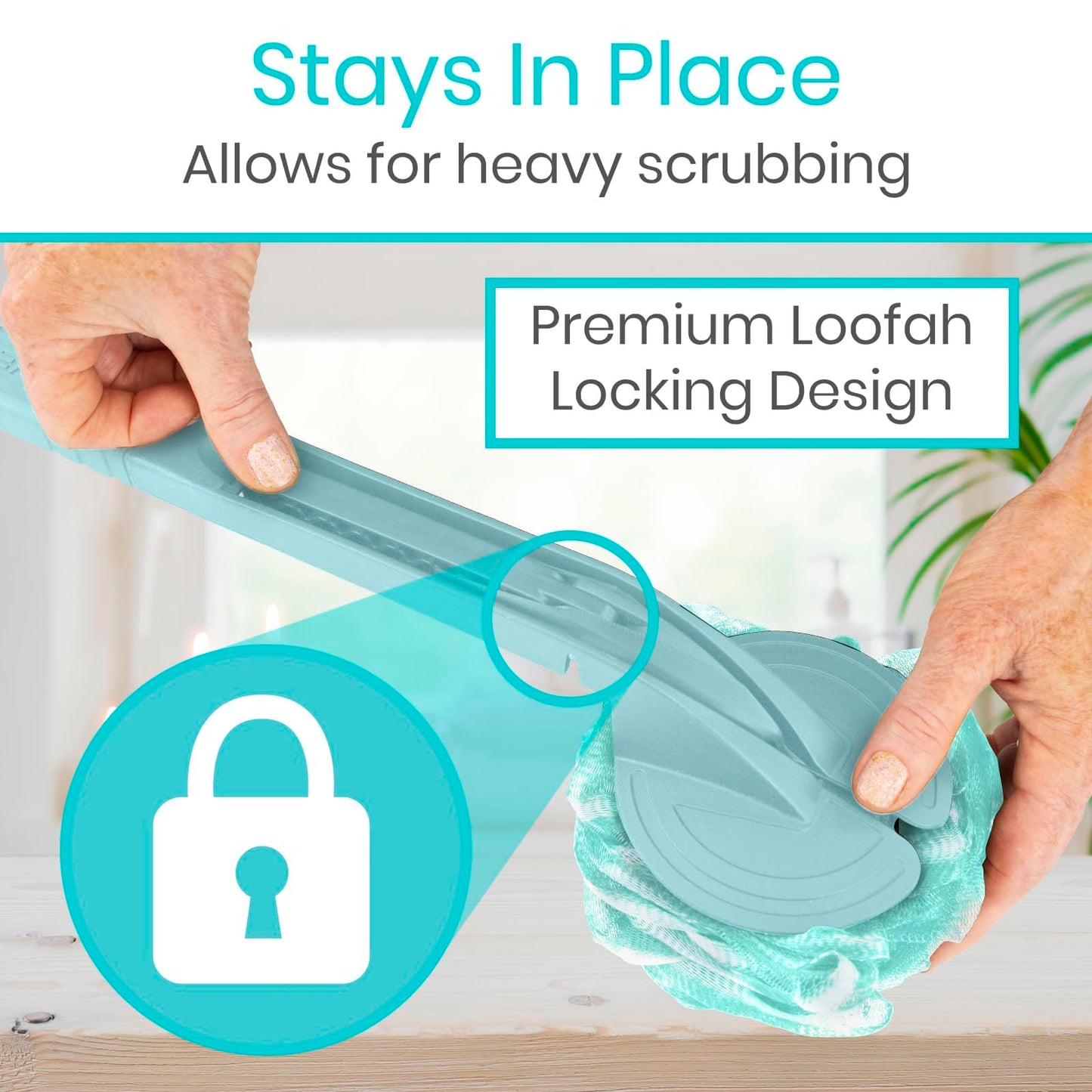 Vive Long Handled Loofah on a Stick - Mesh Back Sponge for Bath, Reusable w/Extra Pouf - Exfoliating Scrubber for Elderly & Disabled, Soft Loofa for Bathing Men & Women