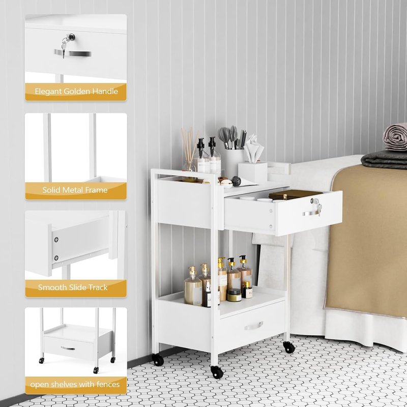 Salon Trolley Cart with Wheels - Mobile Esthetician Storage Organizer with 2 Drawers & 2 Trays | White