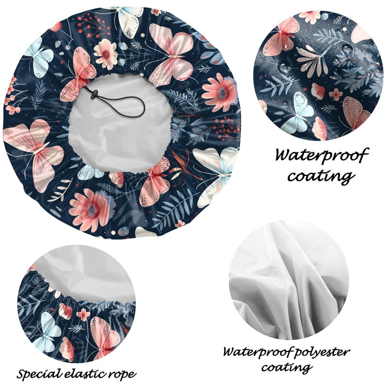 Deokke 2 PCS Shower Cap Reusable Waterproof Adjustable Double Layer Elastic Dry Hair Bathing Caps Aesthetic Cute for Women Girls-Butterfly Flower