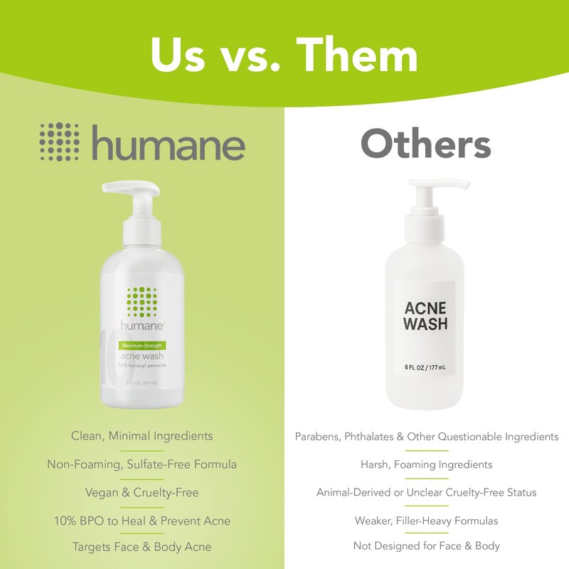 humane Benzoyl Peroxide Acne Body Wash - 10% Maximum-Strength Face, Skin, Butt, and Back Acne Treatment - 8 Fl Oz - Dermatologist-Tested Non-Foaming Acne Face Wash Cleanser - Vegan, Cruelty-Free
