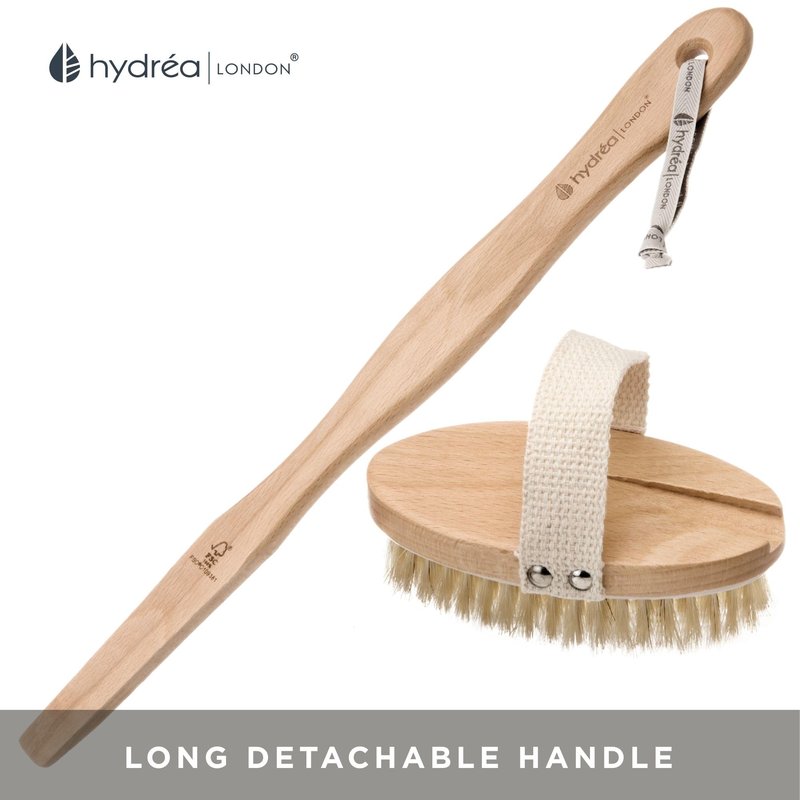 Hydrea London Body Brush Back Scrubber - Shower brush with long handle 100% Natural Bristle, Dry Skin Brush, Exfoliating Cellulite Brush - FSC® Certified Beechwood.