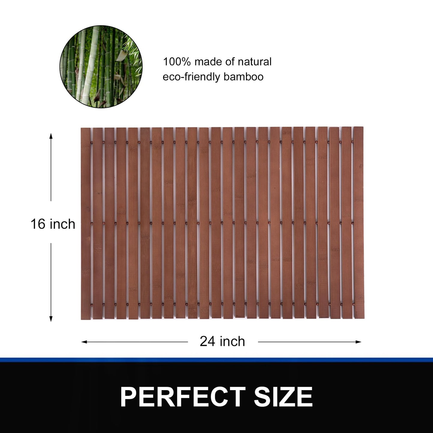 Bamboo Bath Mat Bathroom Rugs Floor Wood Shower Bathtub Waterproof Non Slip Accessories 16x24 Inch Easy to Clean, Walnut Bamboo, 1 pc