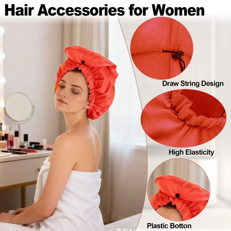 ELEBOX Extra Large Shower Cap for Braids/Curly Hair/Dreadlock | Reusable Waterproof Long Bonnets for Women Bath/Swim/Cooking/Cleaning/Spa | XL Bathing Cap with Adjustable Drawstring & Button, Red