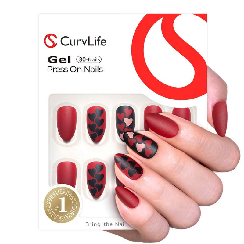 CurvLife Medium Almond Press On Nails – 30Pcs Soft Gel Dark Passion Matte Red Fake Nails, Reusable Glue On Nail Kit with Adhesive Tabs, Natural Fit & Salon-Quality for Women & Girls