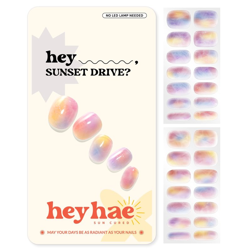 Heyhae Semi Cured Gel Nail Strips | No LED Lamp Needed | Marble, Pink, Spring | Easy Apply & Remove, Salon Quality | Includes 28 Strips, 1 Prep Pads, Nail File & Wooden stick - Hey, Sunset Drive?