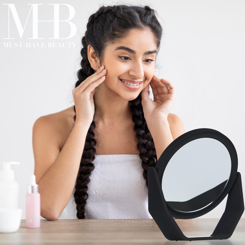 EXPRESSIONS Black Soft Touch Rotating Makeup Mirror – 1x/2x Magnification | Round Vanity Mirror Handheld Tabletop & Travel | Small Magnifying Desk Mirror for Women – Compact