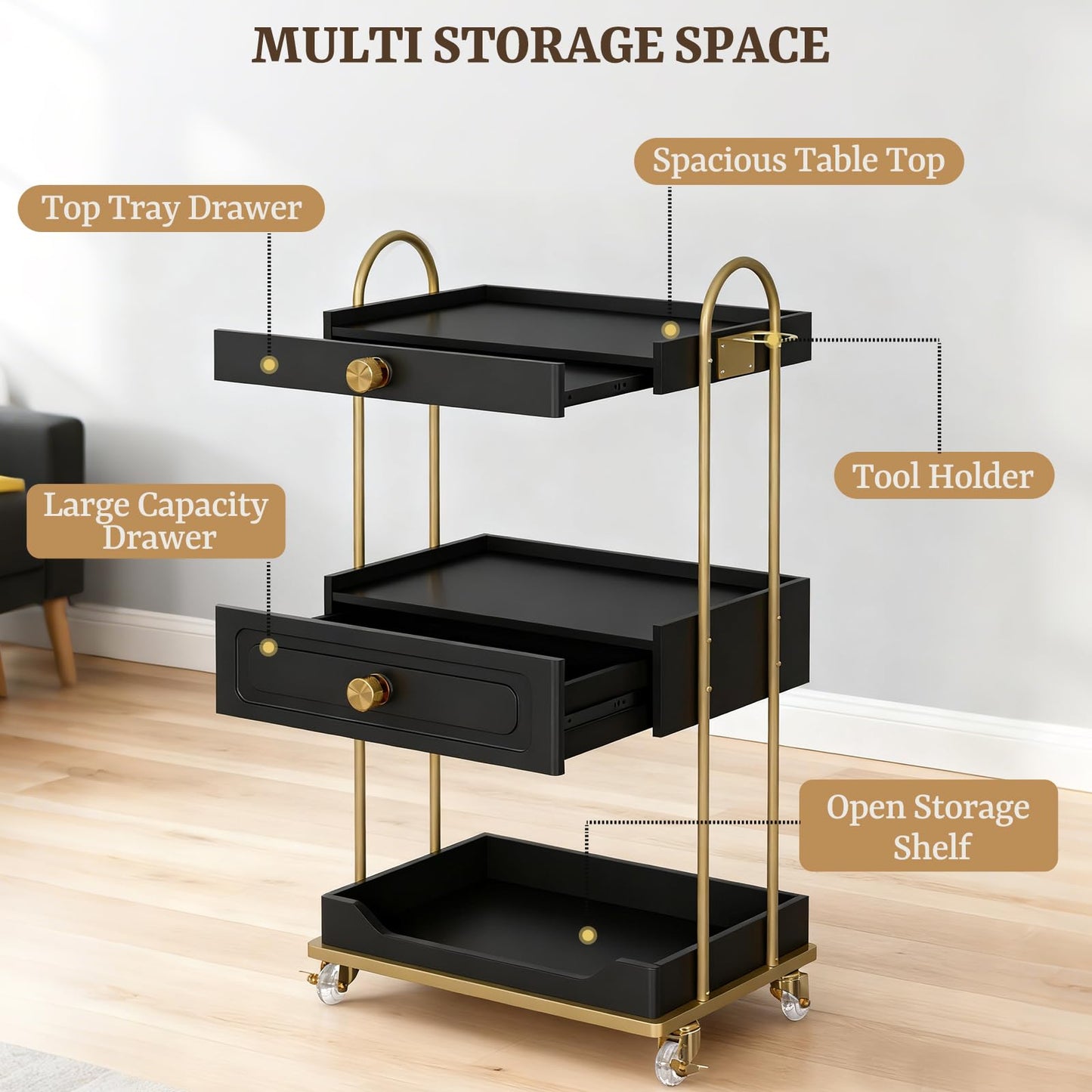 TTGIEET Barber Salon Trolley Cart w/Lockable Wheels, 3-Tier Rolling Beauty Cart with 2 Drawers & Dryer Holder, Mobile Beauty Trolley for Beauty Spa Barbershop(Black)