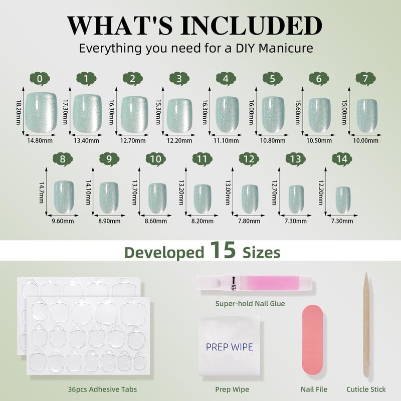 Green Cat Eye Press On Nails Square - Green Short Square Fake Nails, Cateye Press On Nails Reusable Stick On Nails in 15 Sizes 30pcs False Nail Kit for Women & Girls (Mint Stardust)