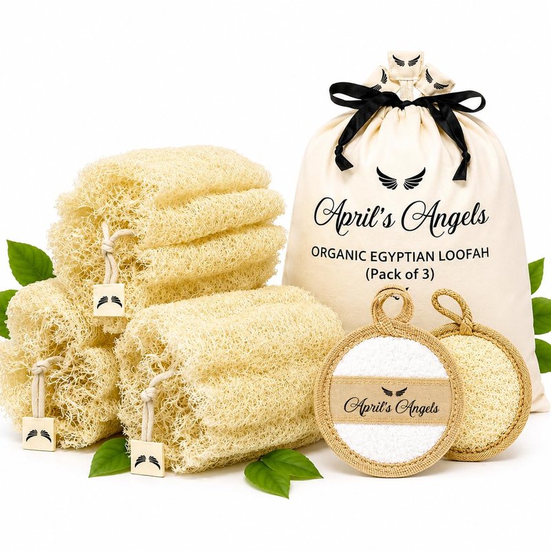 April's Angels 100% Natural Egyptian Loofah. Eco Friendly Exfoliating Scrubers for Body and Face. Natural Bathing Loofah for the Entire Family. Large Size (Set of 3 + 1 Exfoliating Face pad)