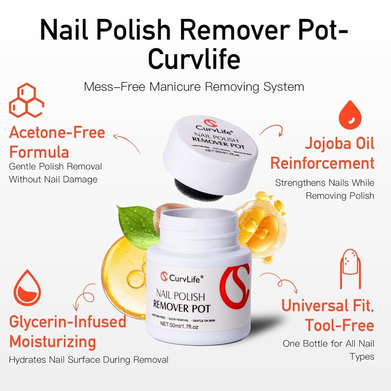 Curvlife Acetone-Free Nail Polish Remover Pot, Quick Removal & Gentle on Skin, Jojoba Oil & Sponge Applicator for Home Salon, 50ml/1.7 fl oz Nail Care