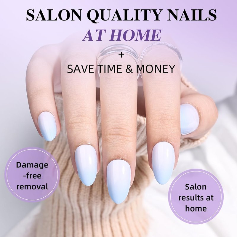 Ombre Press On Nails - Blue Almond French Tip Set | Reusable Fake Nails Kit with Glue, 32 Nails in 16 Sizes
