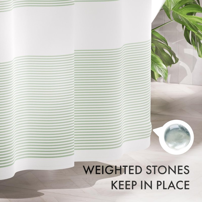 AmazerBath Shower Curtain, Washable Cloth Sage Green with 12 Shower Curtain Hooks, Fabric Green and White Striped Set, Farmhouse Bathroom Shower Curtain, 72x72 Inches