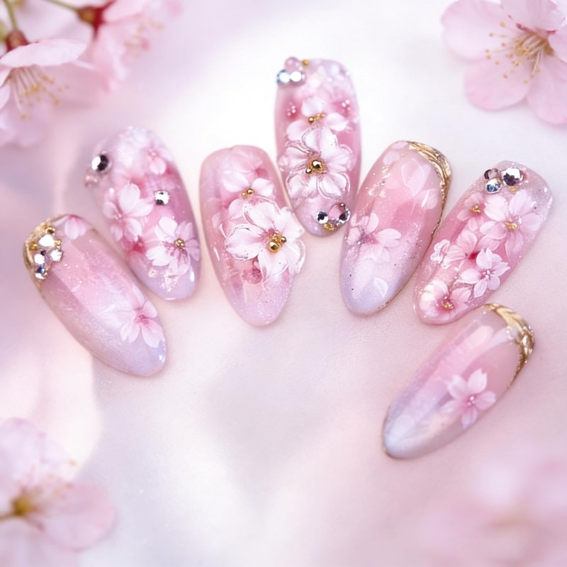 24Pcs Pink Flower Press on Nails Medium Almond Fake Nails Spring Peach Blossom with Rhinestones Gold Beads Glitter Design Cute Floral Full Cover Glue on Nails Acrylic False Nails for Women Manicure