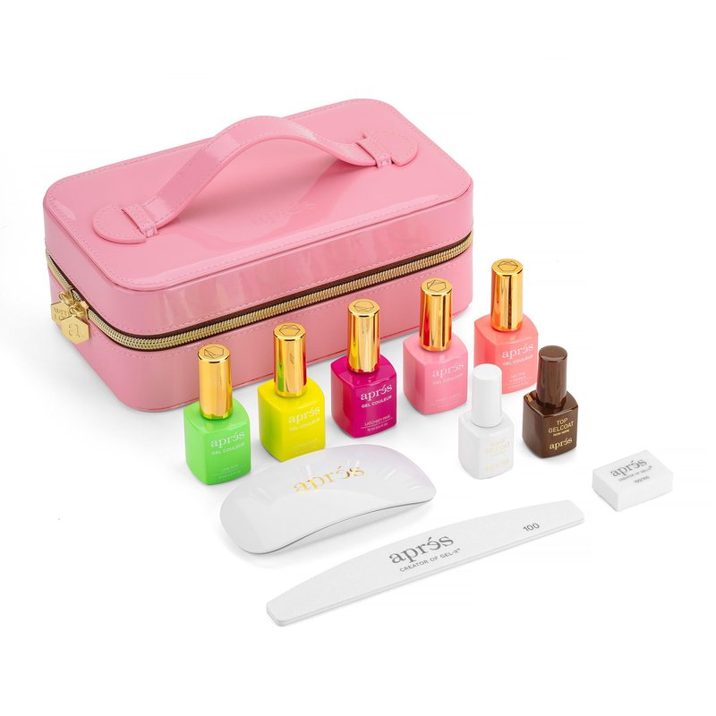 Aprés Exclusive Neon Gel Couleur Combo Kit, Includes Pink Patent Vanity Case, Set of 5 Neon Gel Couleur (15 mL), Mini Top Gelcoat, Mini Base Gelcoat, Nail File, Mini Buffer, and White X-lite