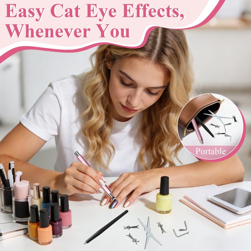 FOWSRHRG 3 in 1 Cat Eye Nail Magnet Set, Magnet Nail Art Pens with Steel Ball Round Beads and Guides, Multi-Effect Cat Eye Gel Nail Polish Magnets for Nail Art DIY Salon Manicure Design (Pink)