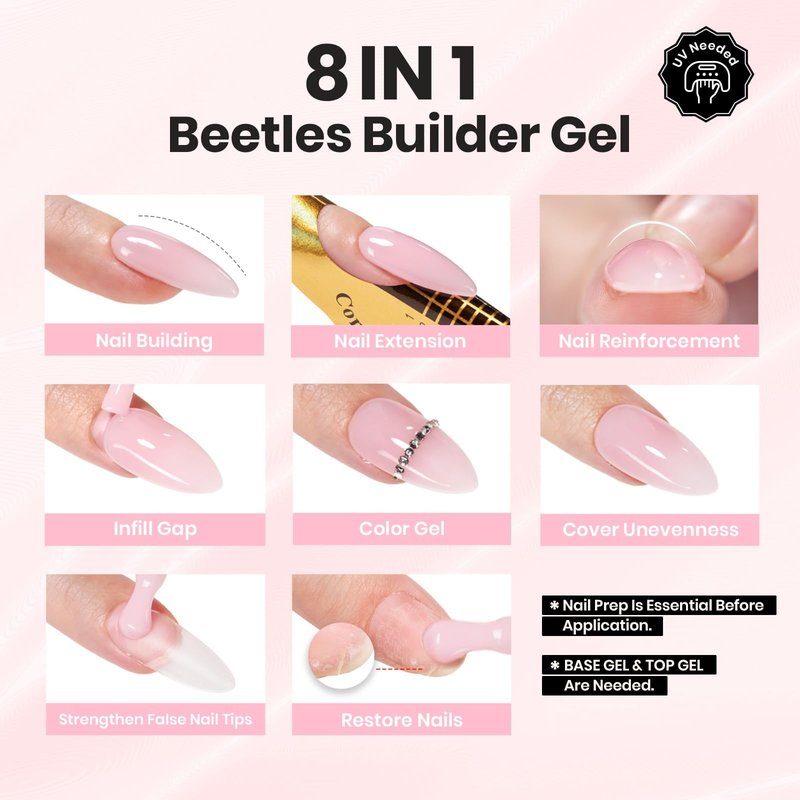 Beetles Builder Gel for Nails HEMA-Free with Base & Top Coat,Nail Protection Trio Set 3 Pcs Clear Building Gel,Strengthening Building Extension for Beginner DIY Salon at Home Gifts,UV & LED Cured