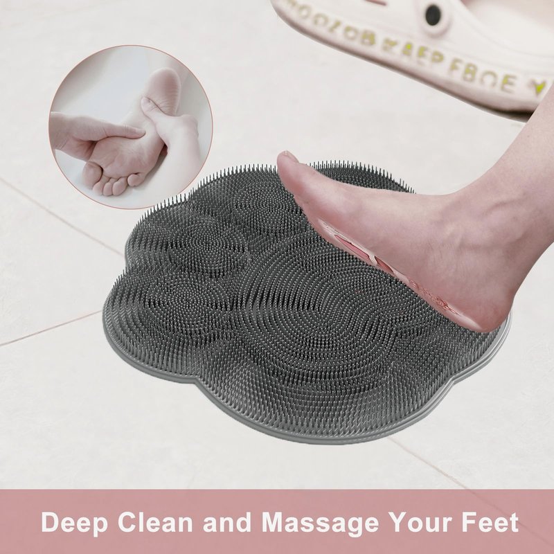 Foot Scrubber in Shower,Shower Foot Scrubber Mat,Silicone Foot Scrubber for Shower,Silicone Body Scrubber with Suction Cups,Bath Feet Scrub Mat with Storage Hook(Gray)
