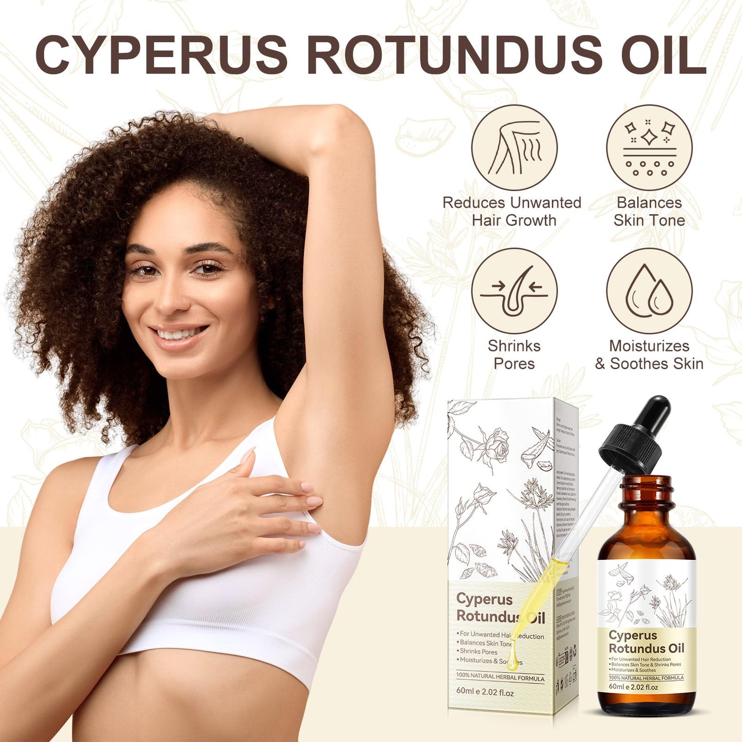 ZIXAOK Natural Cyperus Rotundus Oil for Hair Reduction | Slows Unwanted Body Hair Growth on Face, Arms, Bikini Line | Balances Skin Tone & Moisturizes | 100% Pure, All Skin Types | 2.02 Fl Oz