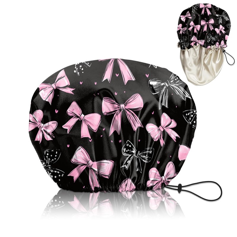 Cabreche Luxury Shower Cap Satin Silk Lined Adjustable Elastic Reusable Waterproof Shower Bath Cap Cute for Women Girls-Black Pink Bowknot