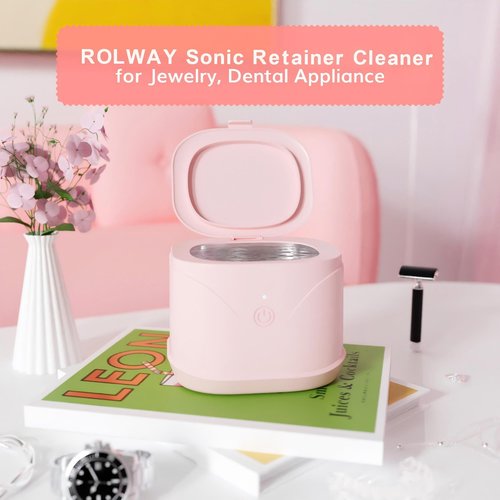 Sonic Denture Cleaner, 46kHz Professional Retainer Cleaner ROLWAY Jewelry Cleaner Machine, 220ml Sonic Cleaner Machine for Jewelry, Braces, Mouth Guard, Watch (Pink)