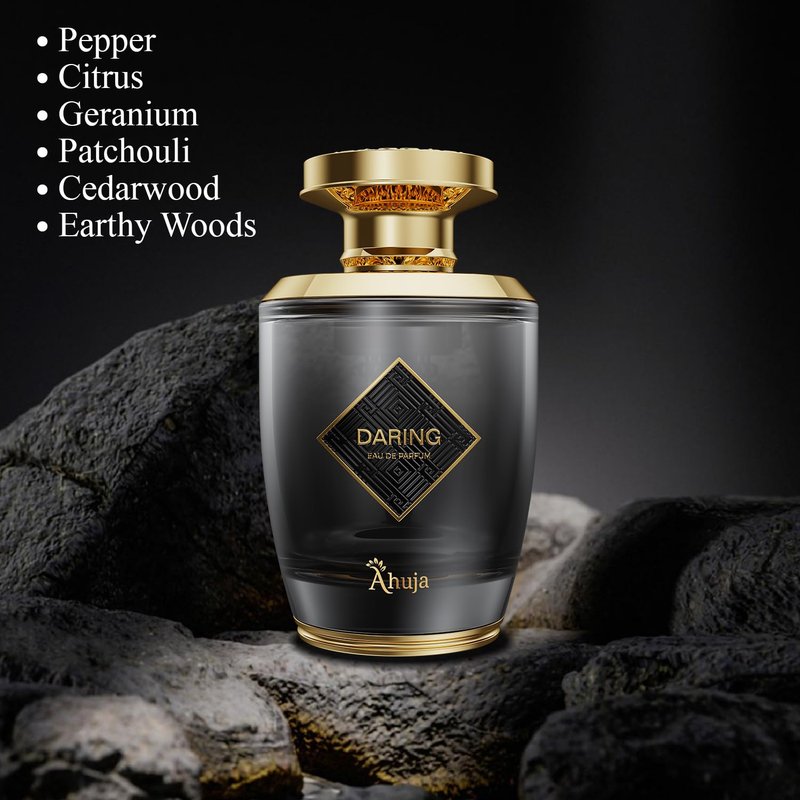 AHUJA Daring Eau De Parfum 3.4 Fl Oz – Long Lasting Perfume for Men w/Pepper & Citrus, Geranium & Patchouli – Bold Masculine Fragrance w/Fresh & Earthy Notes for Everyday Wear – Elegant Gift Scent
