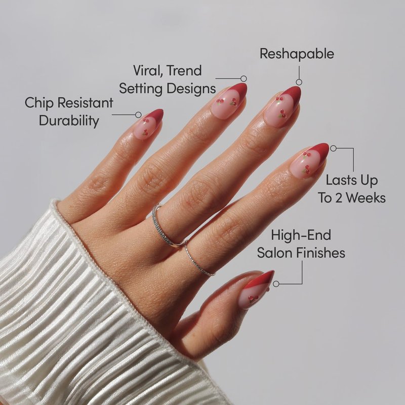 Glamnetic Press On Nails - Cherry Bomb | Glossy Red French Tips with 3D Cherry Accents | 30 Nail Kit in 15 Sizes