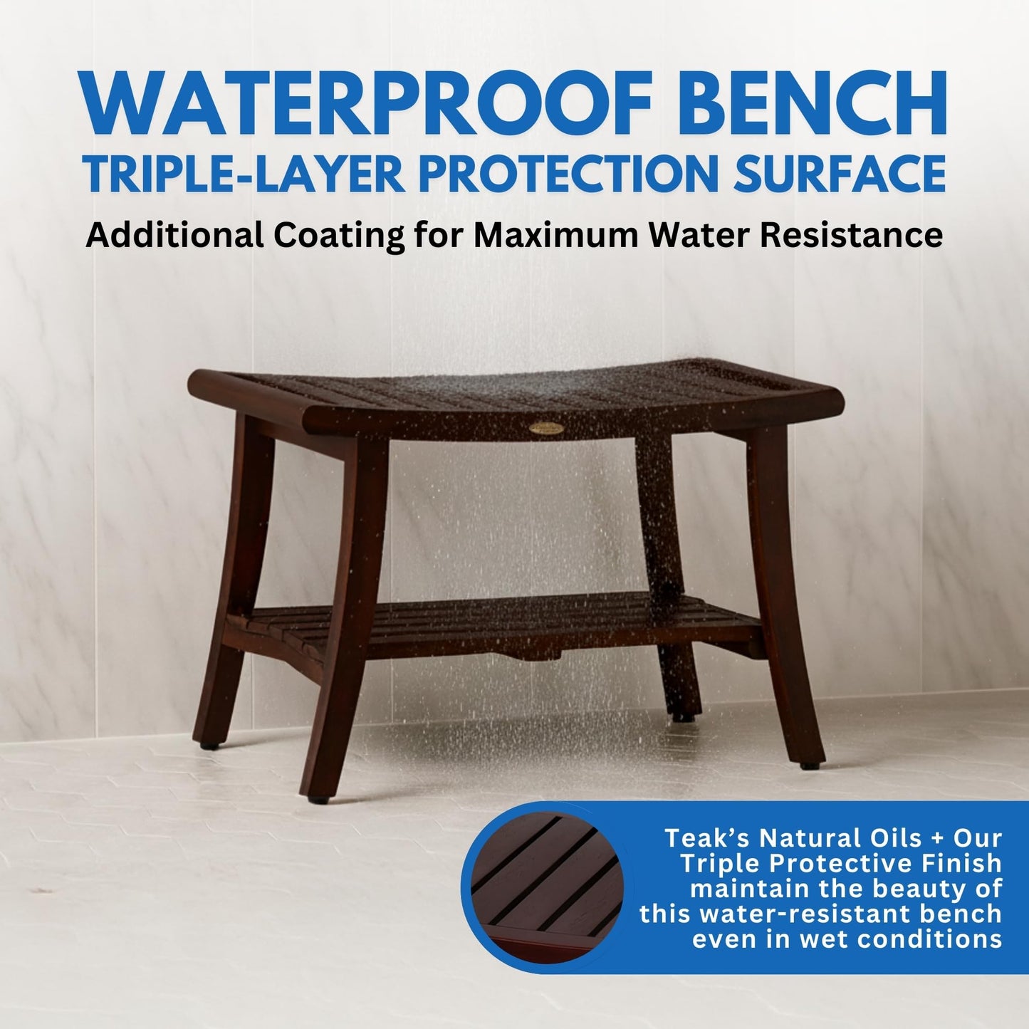 DecoTeak Harmony 30 Inch Brown Waterproof Teak Wood Shower Bench | Provides Safety, Storage, and Organization for Bathroom Accessories