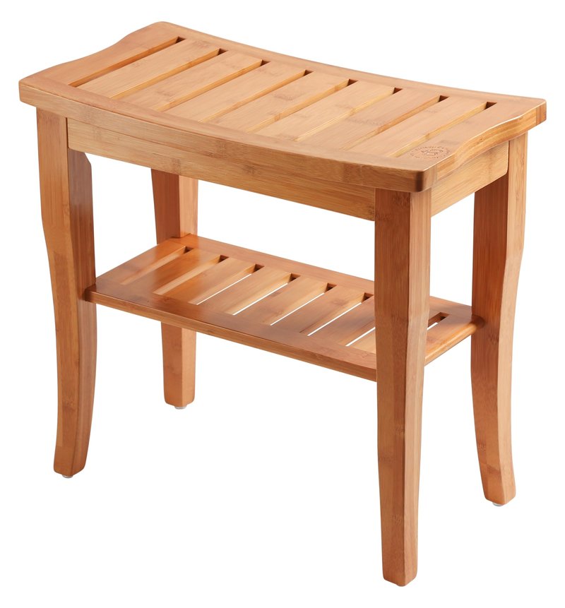 Bambüsi Bamboo Shower Bench Spa Stool - Wood 2-Tier Seat, Foot Rest Shaving Stool with Non-Slip Feet + Storage Shelf - Seat or Organizer for Bathroom, Living Room, Bedroom and Garden Décor