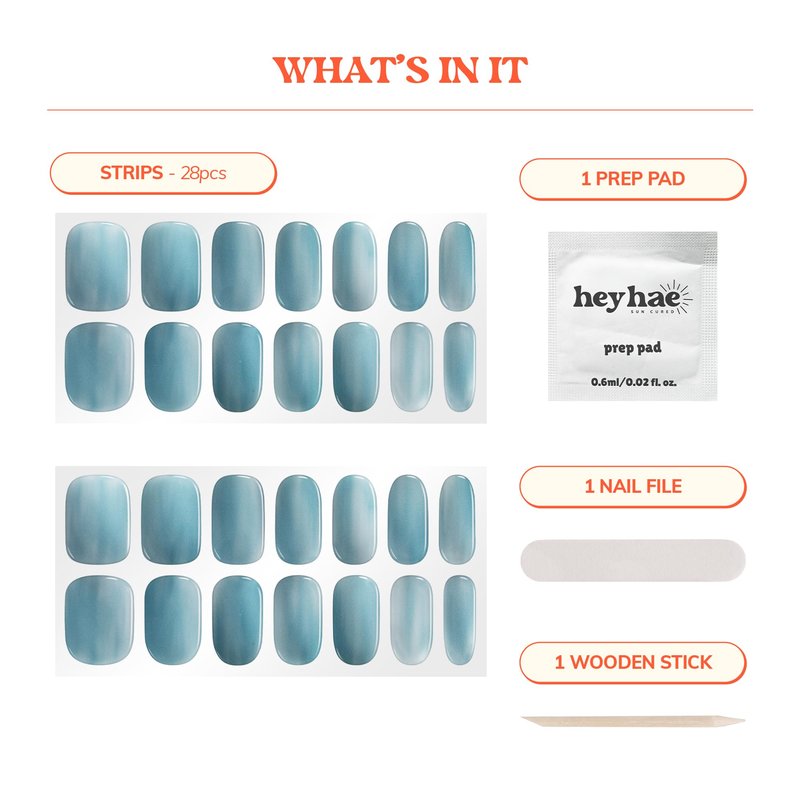 Heyhae Semi Cured Gel Nail Strips | No LED Lamp Needed | Solid, Blue | Easy Apply & Remove, Salon Quality | Includes 28 Strips, 1 Prep Pads, Nail File & Wooden stick - Hey, Slay Bestie