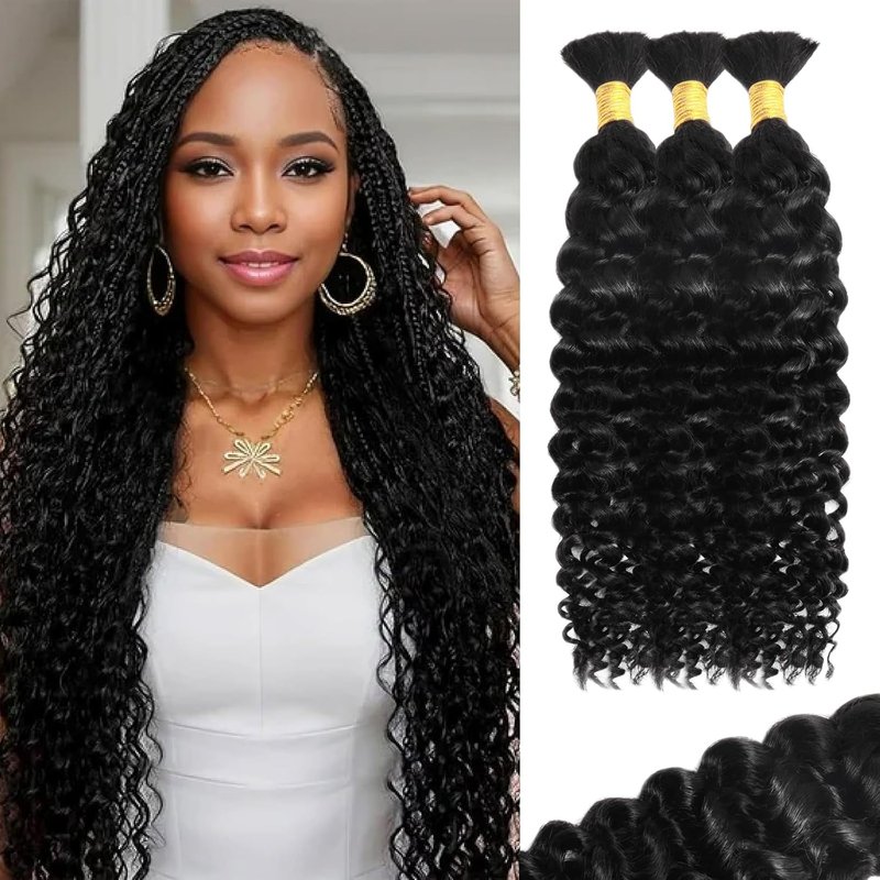 16 Inch Water Wave Human Hair Extensions - Boho Braids, 110g Knotless, 100% Virgin Natural Black | 3 Bundles