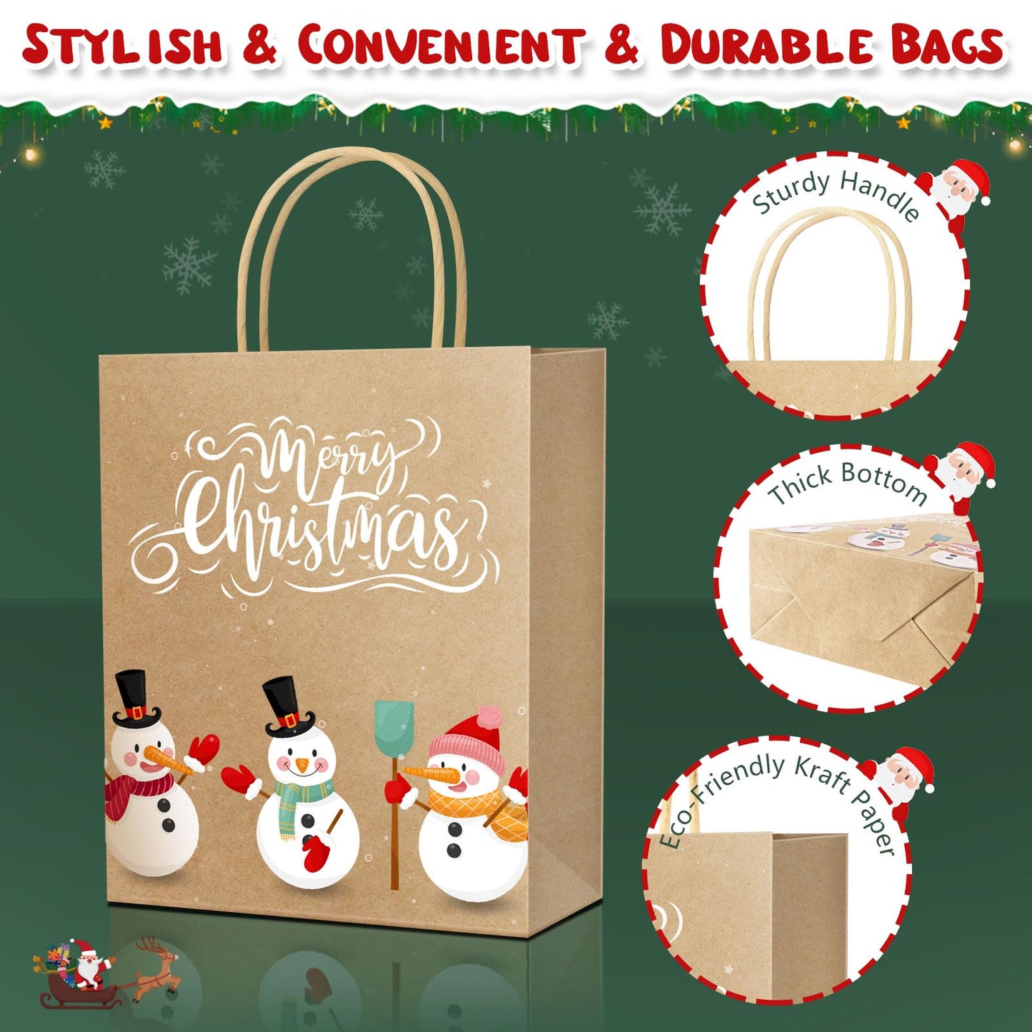 DeckTheHalls 24 Pack Christmas Gift Bags with 12 Stylish Prints, Christmas Tote Bags with Sturdy Handle, Reusable Xmas Kraft Gift Bags for Holiday Gifts, Party Favors, Ideal for Wrapping Gifts