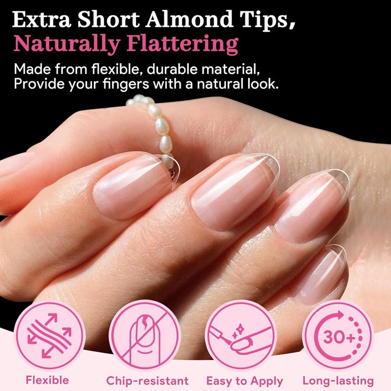 Skiennix Extra Short Almond Fake Nail Tips - 240 PCS Clear Half Matte Press-On Extensions | 15 Sizes for DIY Nail Art