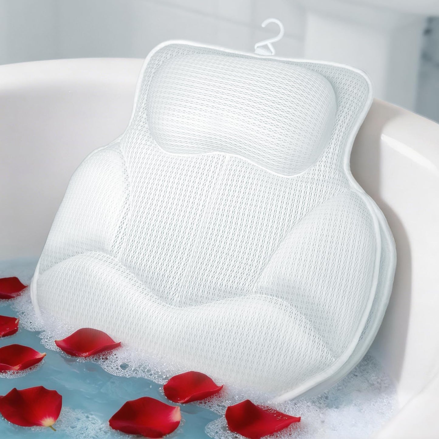 Wnfou Thickened Anti-Slip Bath Pillow for Tub, 88 Powerful Suction Cups, 5D Mesh Fabric, Ergonomic Head Neck Back Support, Quick Drying and Machine Washable, Luxury Spa Gift for Women