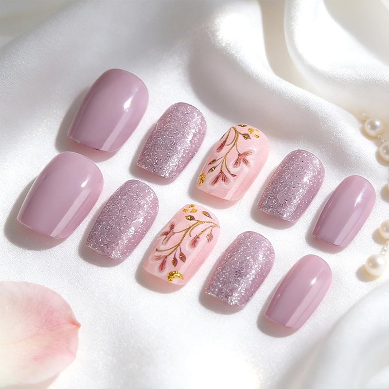 Skiennix Acrylic Press-On Nails - Cute Purple Glitter Flower Bud Design | 24 Pcs Full Cover Set